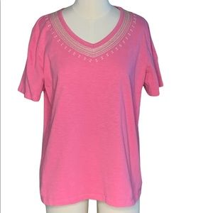 Hasting & Smith Womens Pink Embroidered Short Sleeve V-Neck TShirt Size L